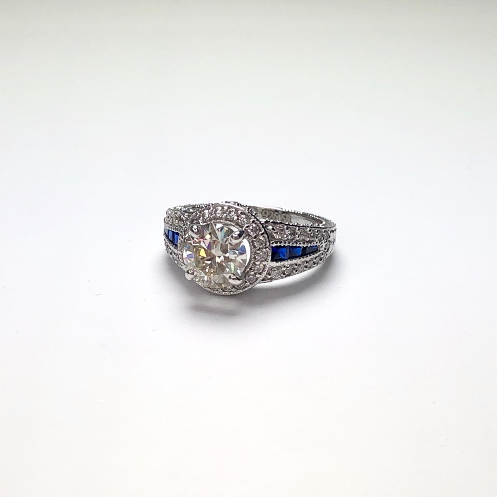 1.25Ct Moissanite Art Deco Ring w/ sapphire blue